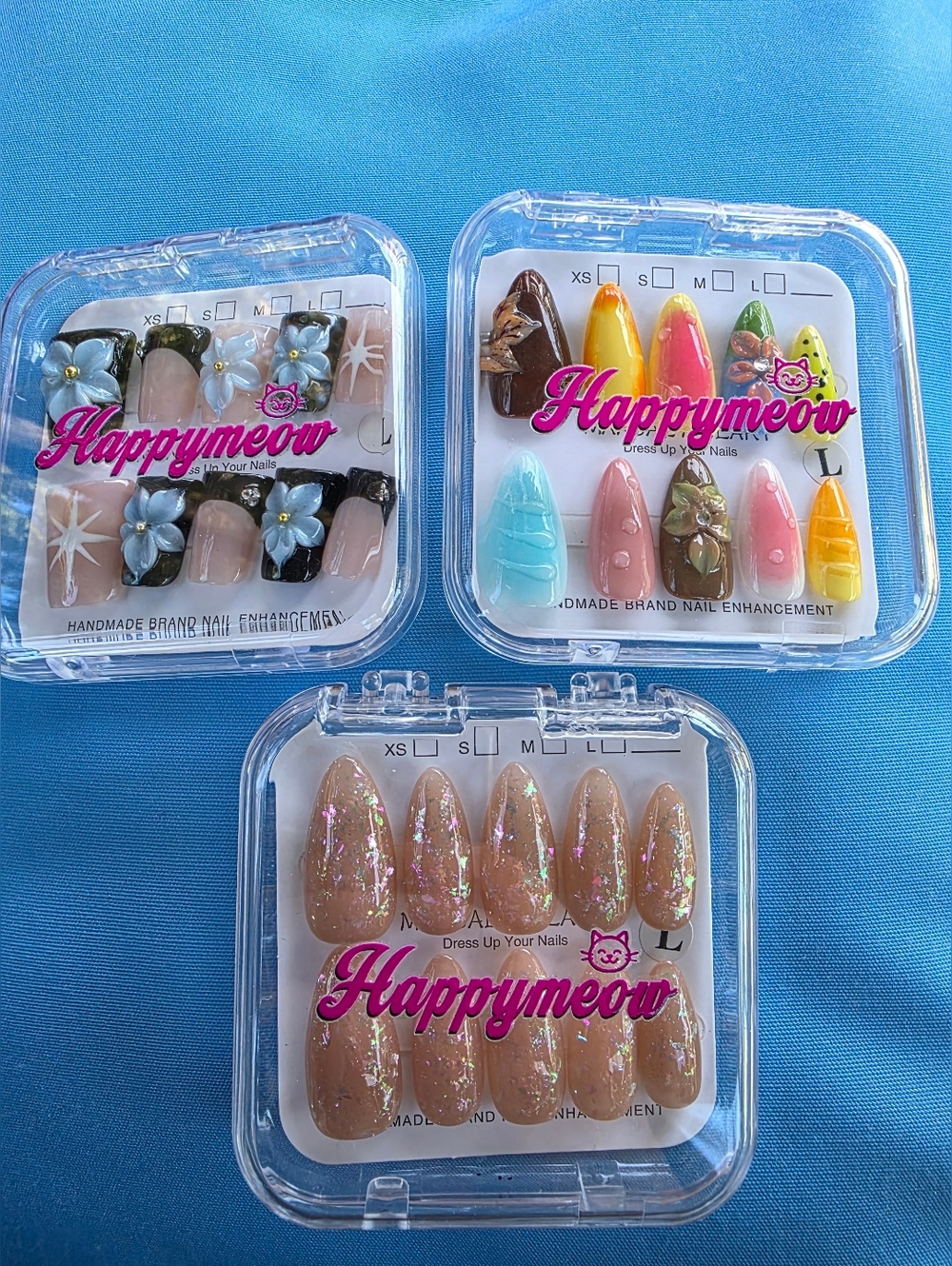 Happymeow Press-On Nail Sets in Pastel Blue, Brown, Pink & Glitter